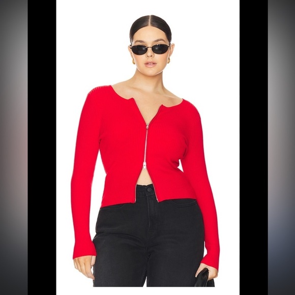 BNWT Good American Women’s Red Virgo Rib Zip-Up Cardigan $179USD - Picture 2 of 8